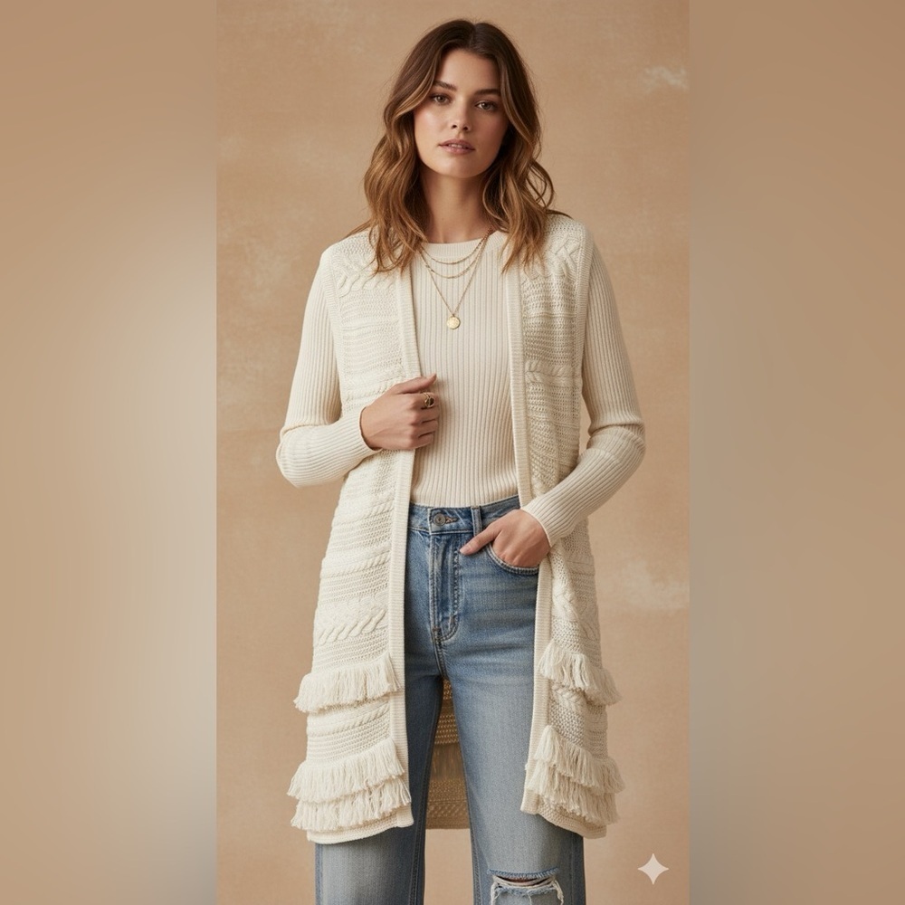 VINCE. 100% Cotton Fringe Knit Boho Cream Long Sweater Vest | XS | - Picture 5 of 6